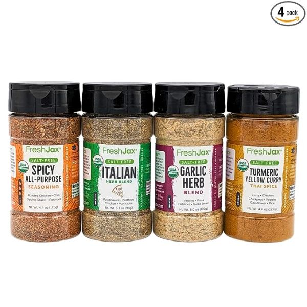 Organic Spices | Salt-free Seasonings Bundle | Garlic Herb, Italian, Spicy All-Purpose, Turmeric Yellow Curry | 4 Large Bottles of Seasoning Blends